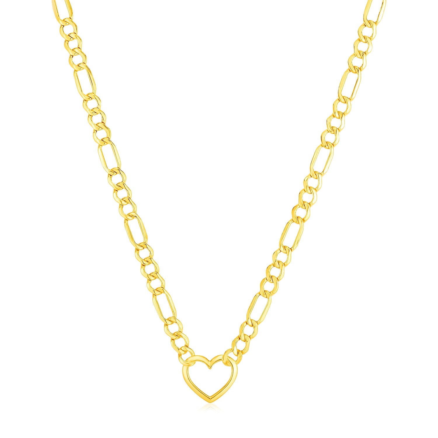 14k Yellow Gold Figaro Chain Necklace with Heart in a sleek high-contrast midnight luxury editorial style